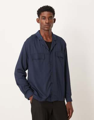 Folk Revere Shirt in Navy Textured Stripe