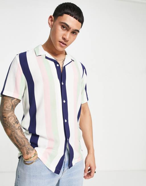 ASOS DESIGN relaxed revere shirt in pink and green retro stripe | ASOS