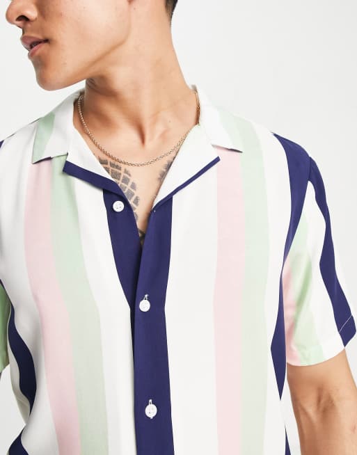 ASOS DESIGN relaxed revere shirt in pink and green retro stripe, 3 of 4