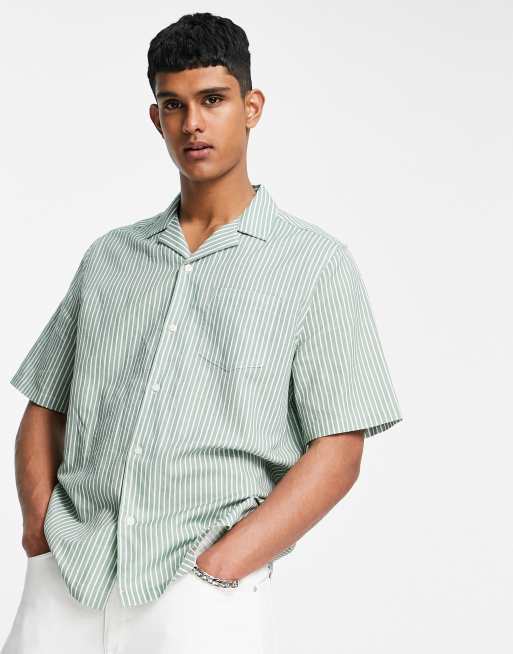 ASOS DESIGN relaxed revere shirt in sage green poplin stripe | ASOS