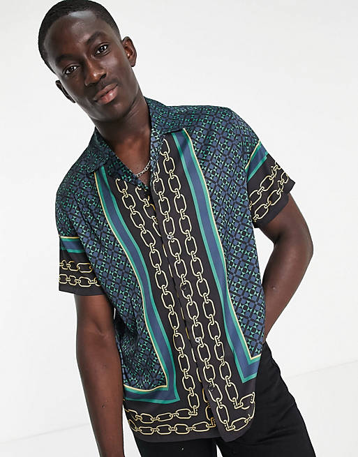 Men relaxed revere shirt in satin with border print 