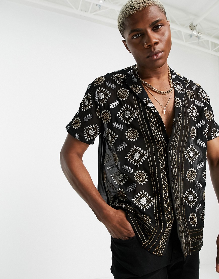 ASOS DESIGN relaxed revere shirt in sheer metallic embroidery-Black