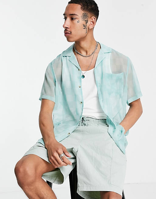 ASOS DESIGN relaxed revere shirt in sheer mint green checkerboard print