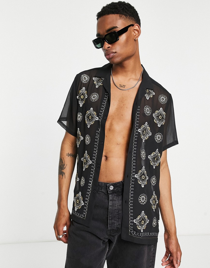 ASOS DESIGN relaxed revere shirt in sheer with sparkle embroidery-Black