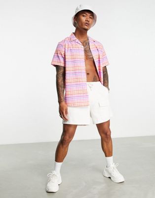ASOS DESIGN relaxed revere shirt in textured fabric and pink painted check