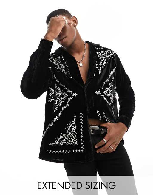 ASOS DESIGN relaxed revere shirt in velvet with bandana embroidery