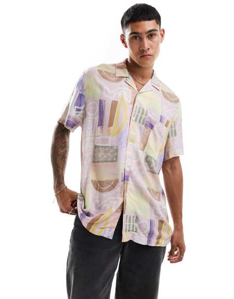 ASOS DESIGN relaxed revere shirt in vintage abstract print - view 1