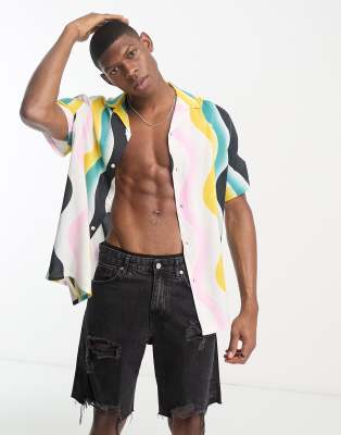 Asos Design Relaxed Revere Shirt In Wavy Stripe-multi