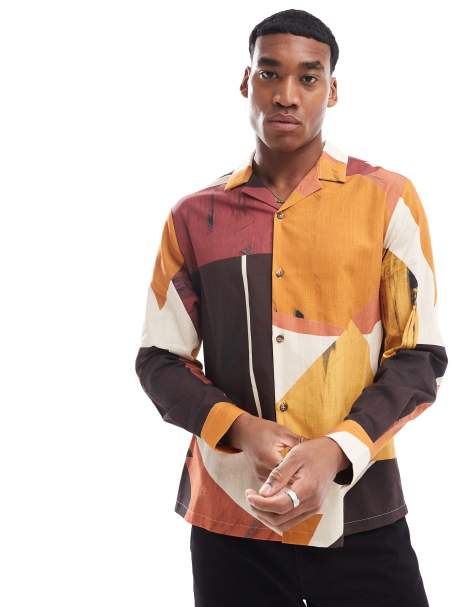 ASOS DESIGN relaxed revere shirt with abstract print in red - view 1