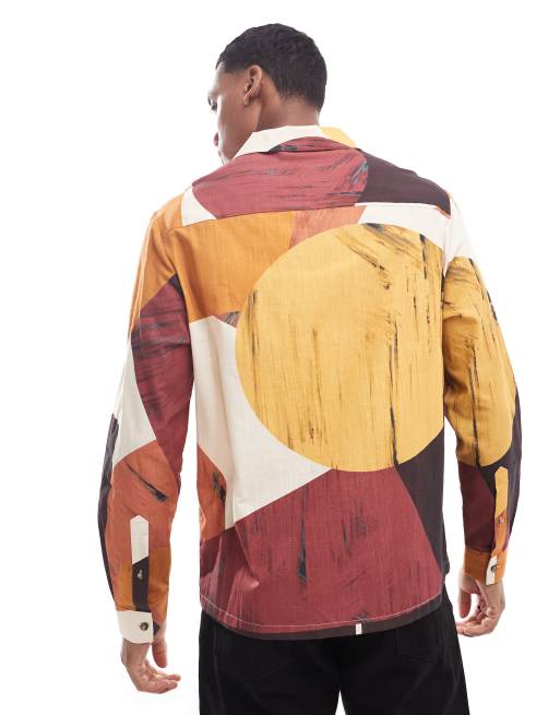 ASOS DESIGN relaxed revere shirt with abstract print in red