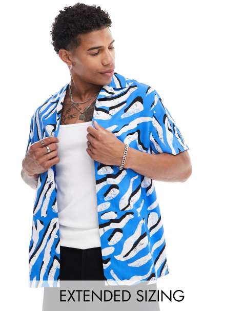 ASOS DESIGN relaxed revere shirt with animal print in blue - view 1