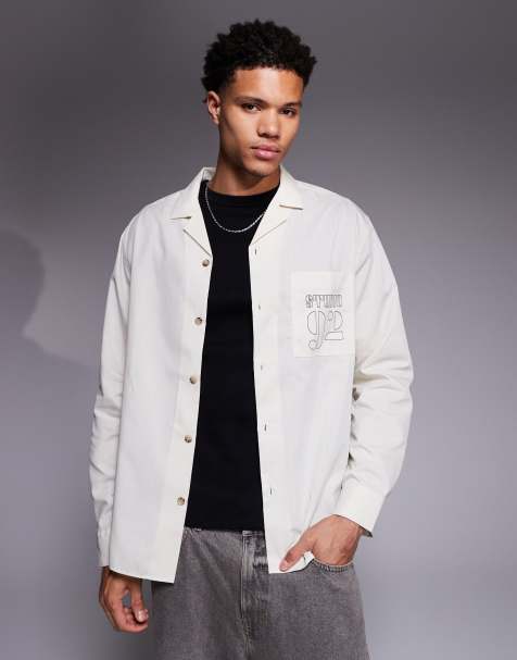 ASOS DESIGN relaxed revere shirt with back and pocket embroidery in beige - view 1