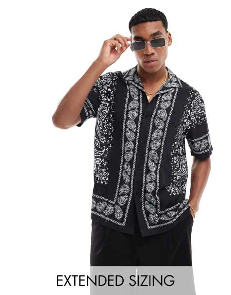 ASOS DESIGN relaxed revere shirt with black and white bandana print