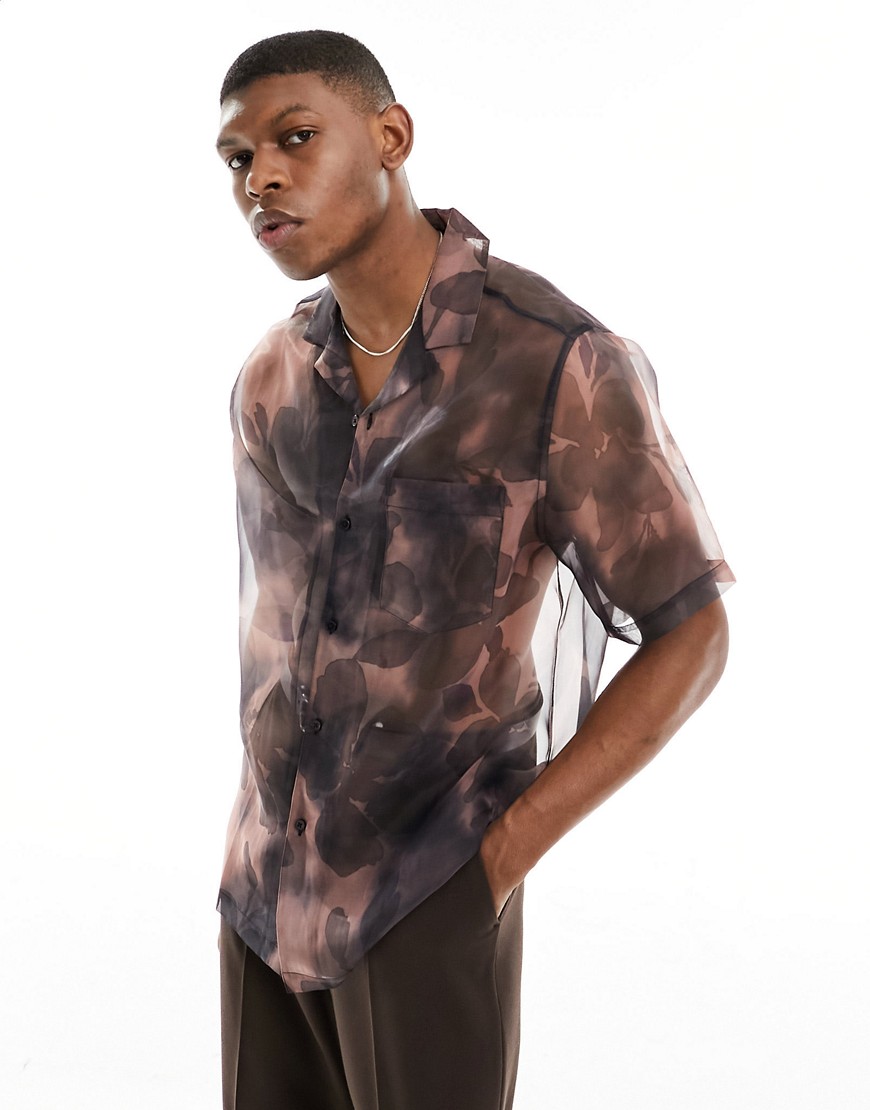 Asos Design Relaxed Revere Shirt With Blurred Floral Print In Black