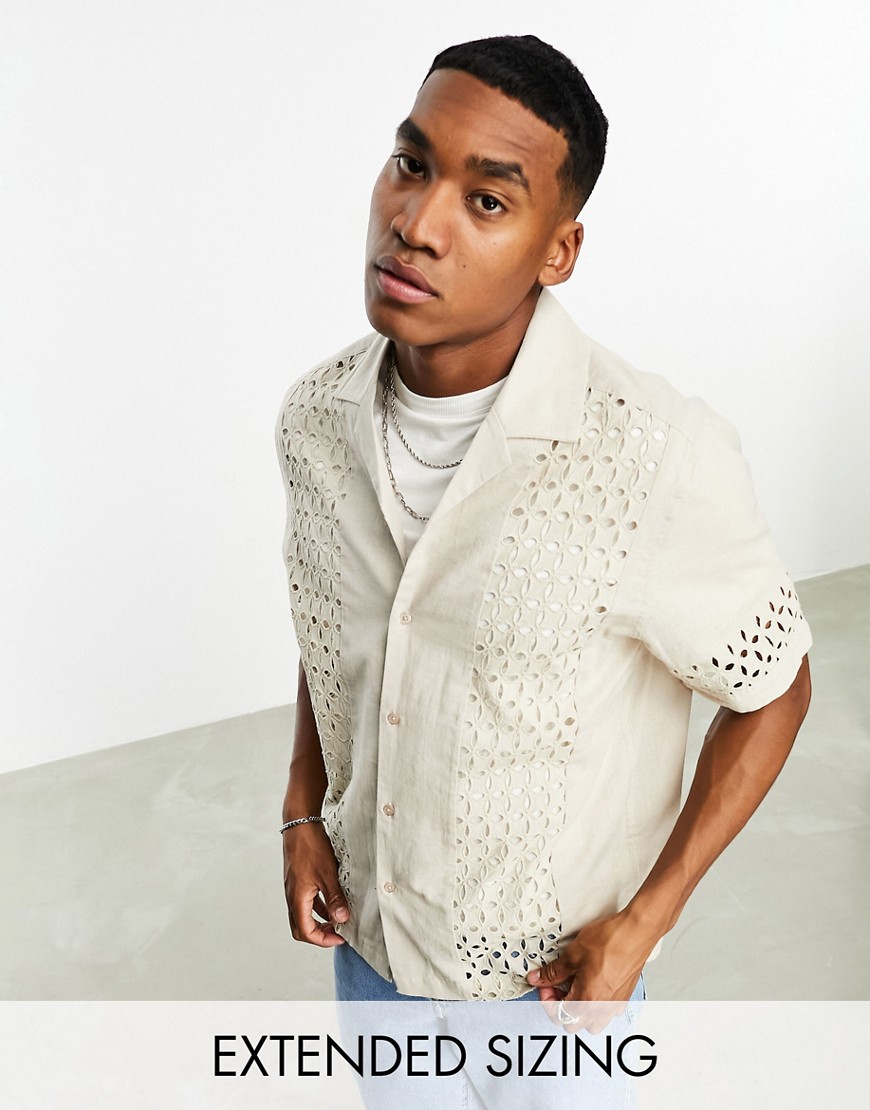 ASOS DESIGN relaxed revere shirt with broderie panel inserts in stone-Neutral
