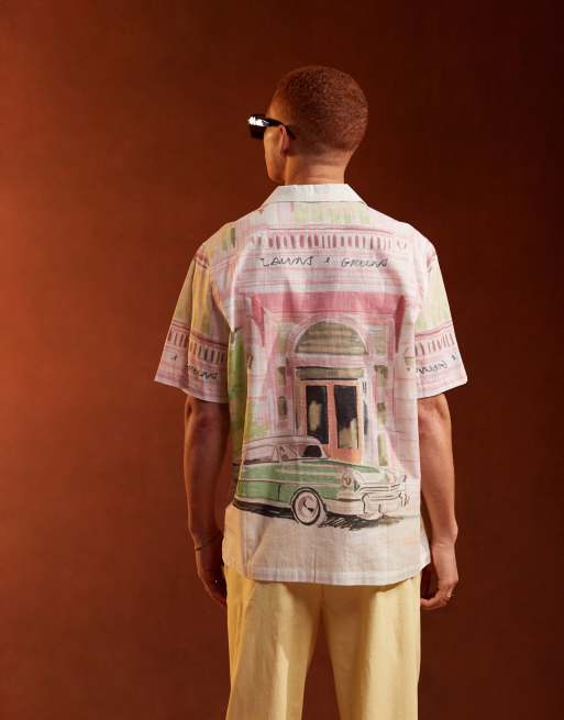 ASOS DESIGN relaxed revere shirt with car drawing placement print in pink, 3 of 5