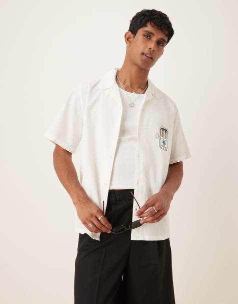 ASOS DESIGN relaxed revere shirt with chest print in white