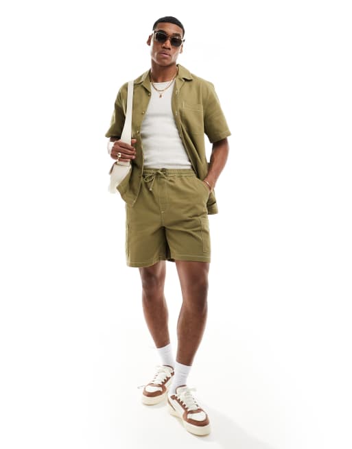ASOS DESIGN relaxed revere shirt with contrast stitching in khaki (part of a set) 