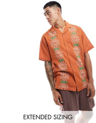 ASOS DESIGN relaxed revere shirt with floral applique in orange