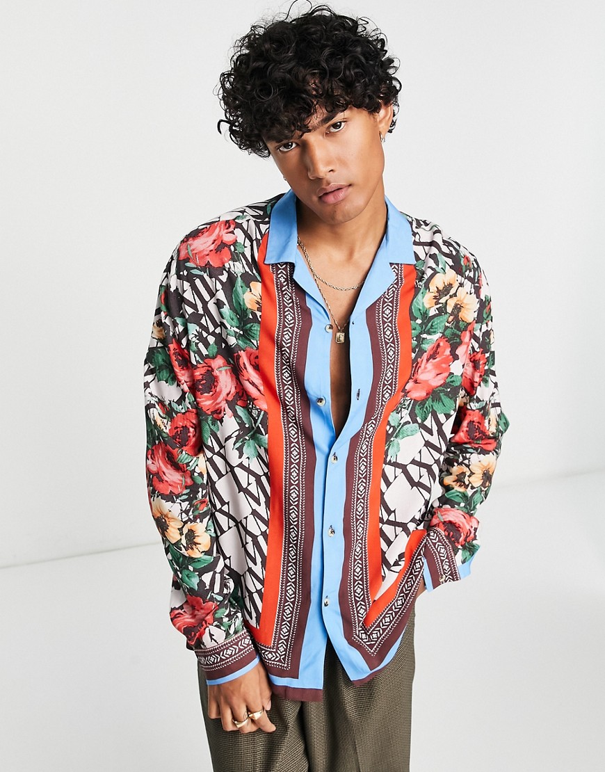 ASOS DESIGN relaxed revere shirt with floral border print-Multi