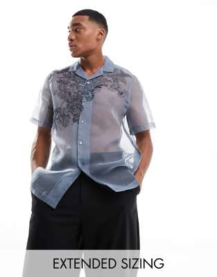 FhyzicsShops DESIGN relaxed revere shirt with floral embroidery in blue