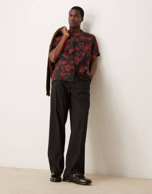 ASOS DESIGN relaxed revere shirt with floral print in black and red-Multi