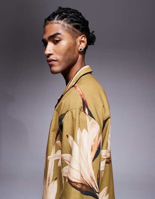 ASOS DESIGN relaxed revere shirt with floral print in khaki, 2 of 5