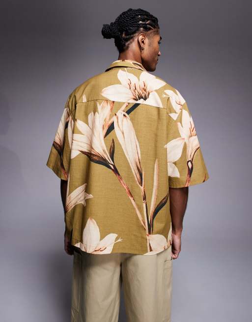 ASOS DESIGN relaxed revere shirt with floral print in khaki, 3 of 5