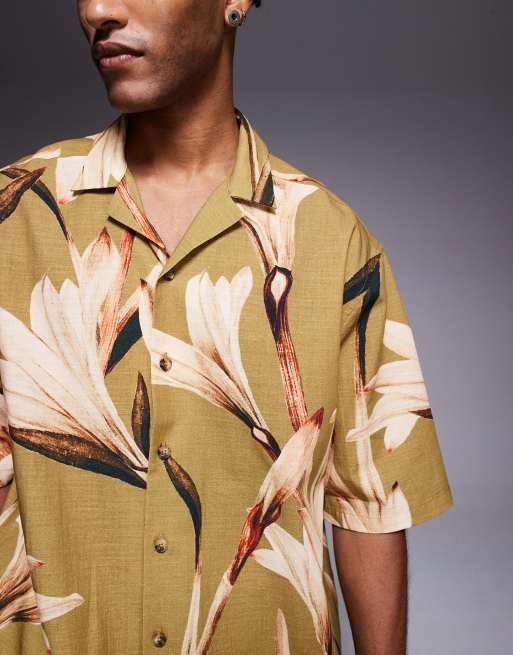 ASOS DESIGN relaxed revere shirt with floral print in khaki, 4 of 5