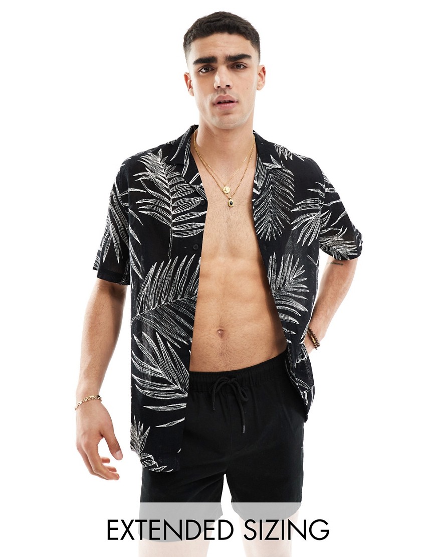 ASOS DESIGN relaxed revere shirt with leaf print in black