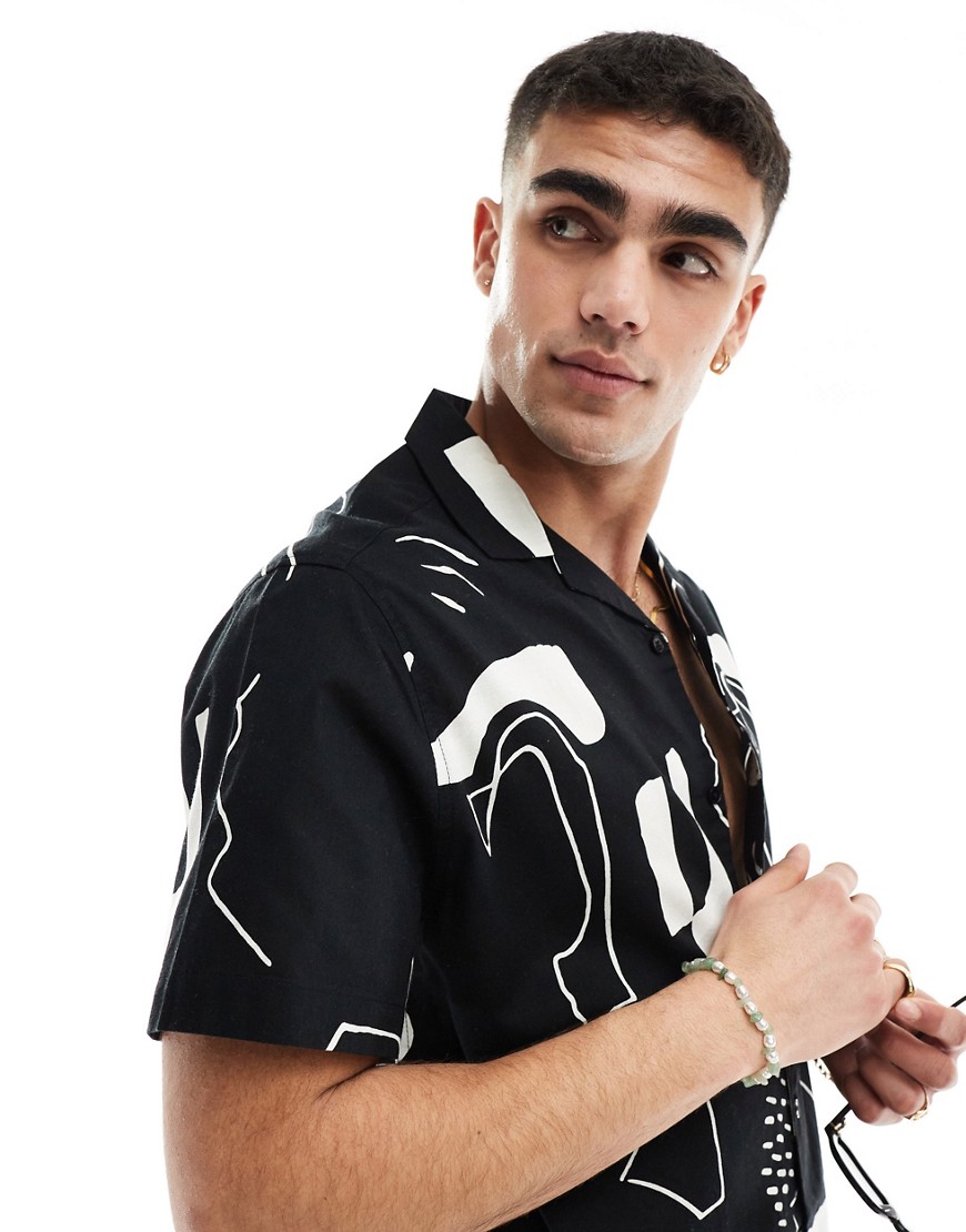 ASOS DESIGN relaxed revere shirt with line drawing abstract print in black