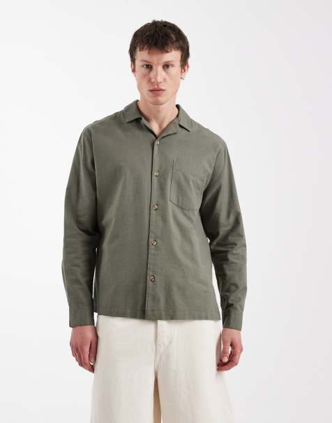 ASOS DESIGN relaxed revere shirt with linen in khaki