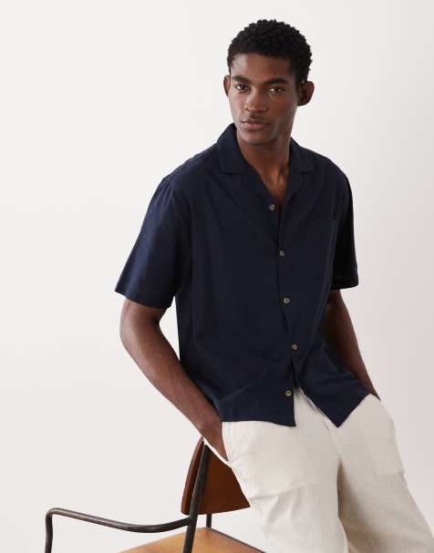 ASOS DESIGN relaxed revere shirt with linen in navy