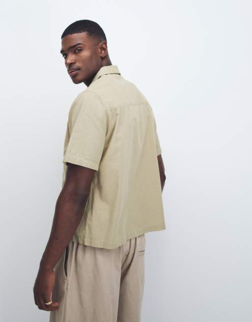 ASOS DESIGN relaxed revere shirt with linen with placement embroidery in sage green, 5 of 7