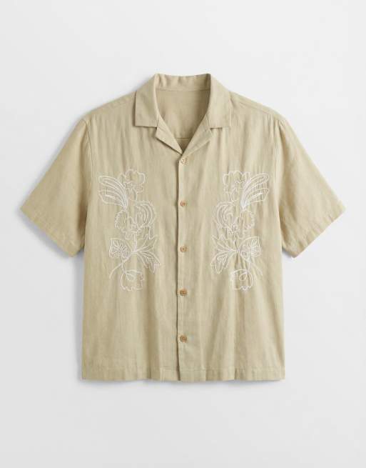 ASOS DESIGN relaxed revere shirt with linen with placement embroidery in sage green, 6 of 7