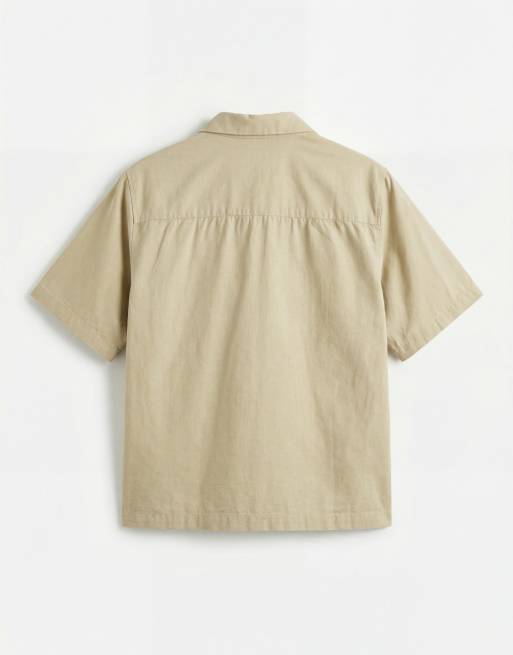 ASOS DESIGN relaxed revere shirt with linen with placement embroidery in sage green, 7 of 7