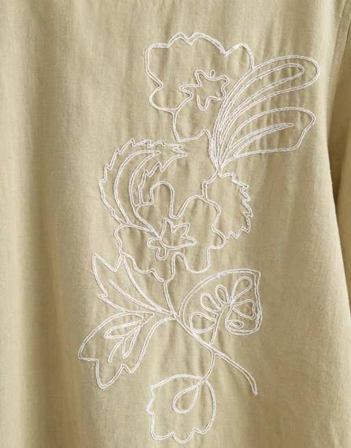 ASOS DESIGN relaxed revere shirt with linen with placement embroidery in sage green, 8 of 9