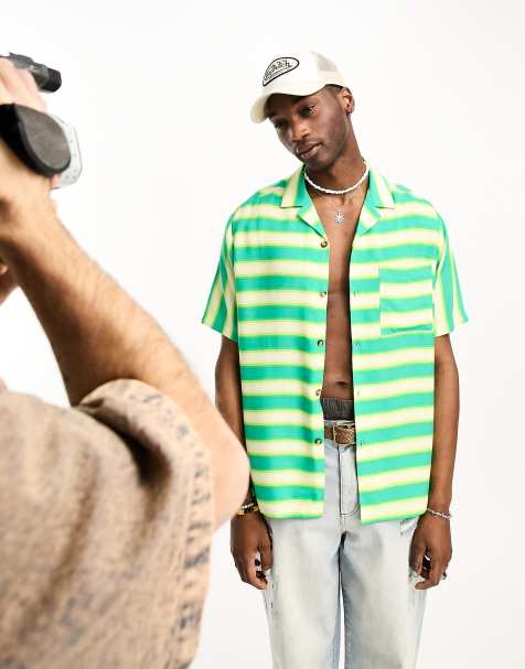 ASOS DESIGN relaxed revere shirt with longer sleeve in horizontal green stripe - view 1