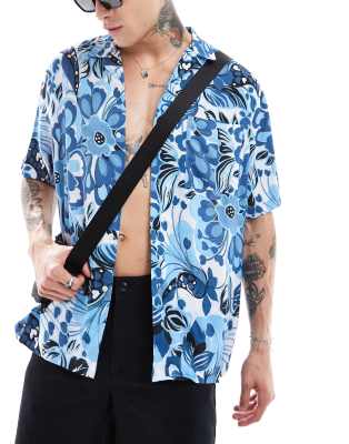 Asos Design Relaxed Revere Shirt With Painted Floral Print In Blue