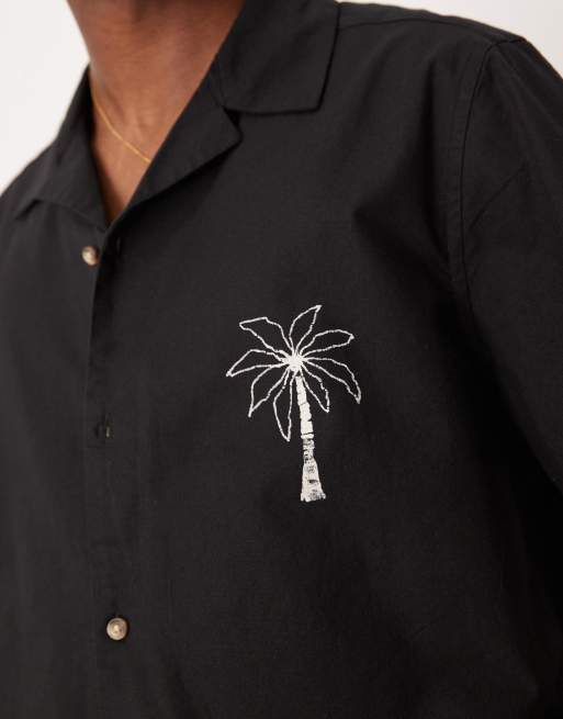 ASOS DESIGN relaxed revere shirt with palm chest and back print in black, 3 of 4