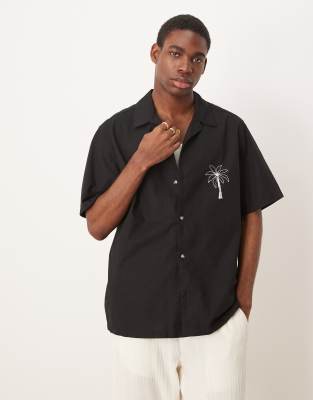 Asos Design Relaxed Revere Shirt With Palm Print In Black