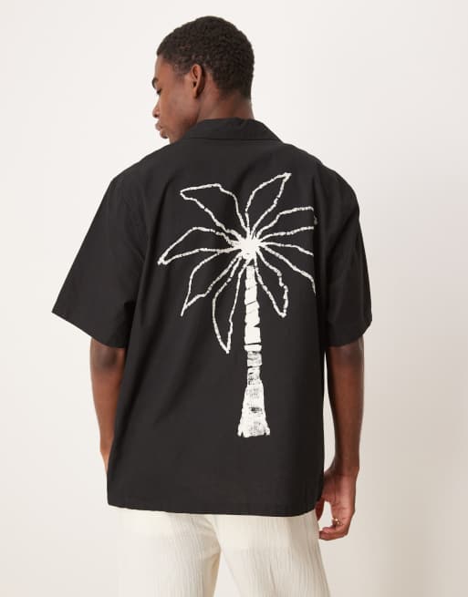 ASOS DESIGN relaxed revere shirt with palm print in black