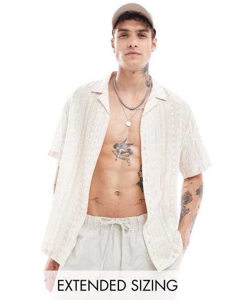 ASOS DESIGN relaxed revere shirt with pattern stripe in neutral - view 1