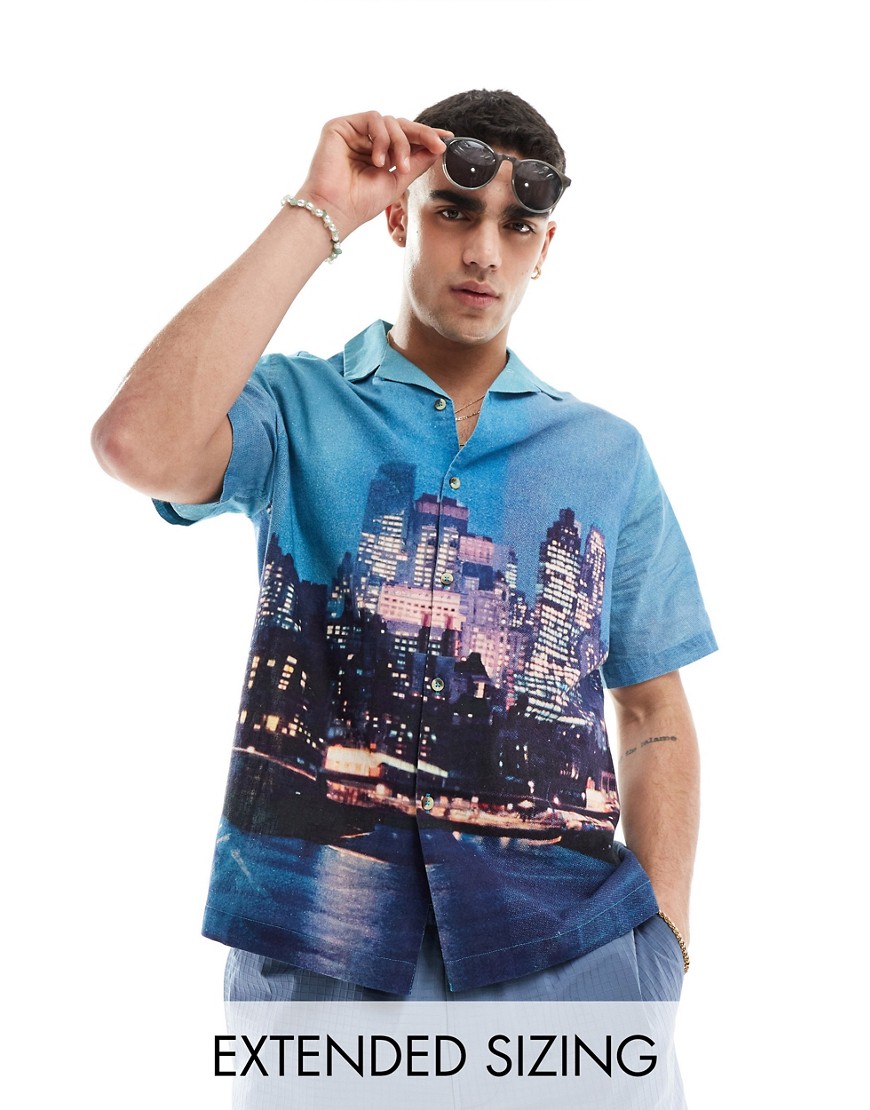 ASOS DESIGN relaxed revere shirt with photographic skyline placement print-Blue