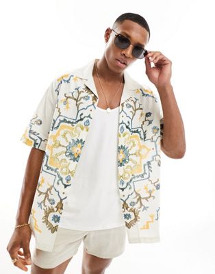 ASOS DESIGN relaxed revere shirt with placement print in ecru - ASOS Price Checker