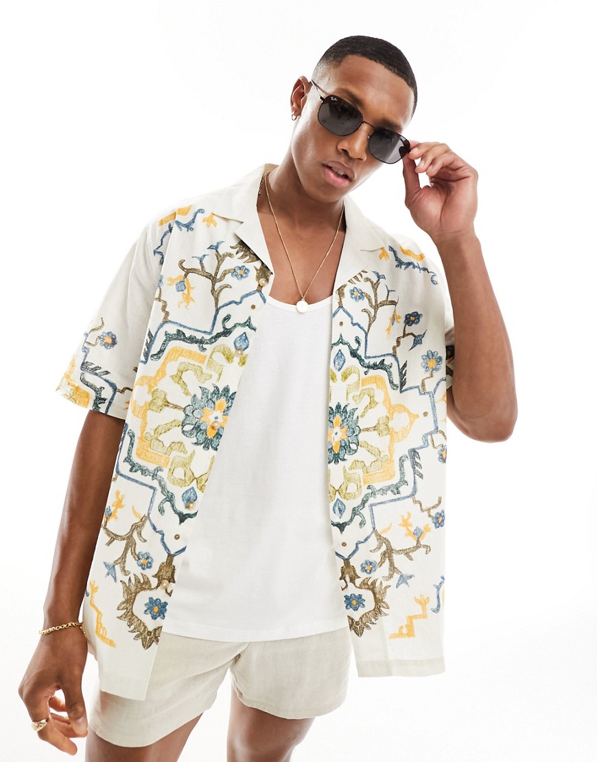 ASOS DESIGN relaxed revere shirt with placement print in ecru-White