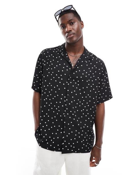 ASOS DESIGN relaxed revere shirt with polka dot print in black - view 1