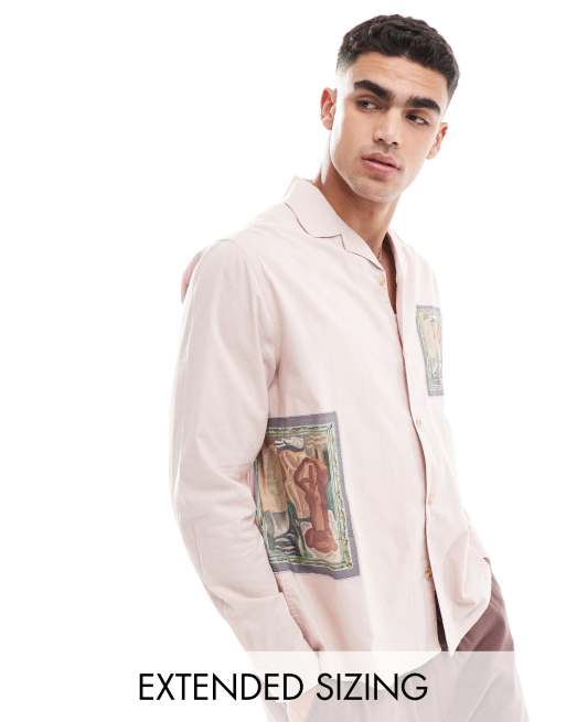 ASOS DESIGN relaxed revere shirt with print and applique in pink, 2 of 4