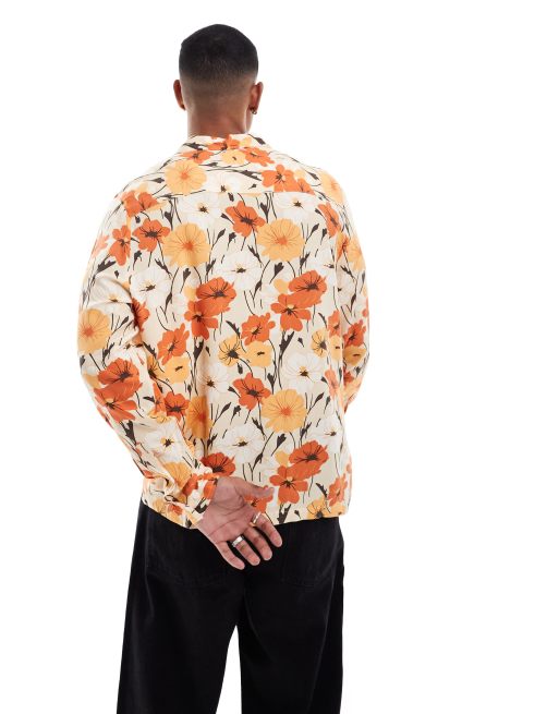 ASOS DESIGN relaxed revere shirt with retro floral print in orange , 2 of 4