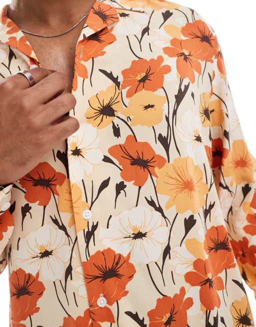 ASOS DESIGN relaxed revere shirt with retro floral print in orange , 3 of 4